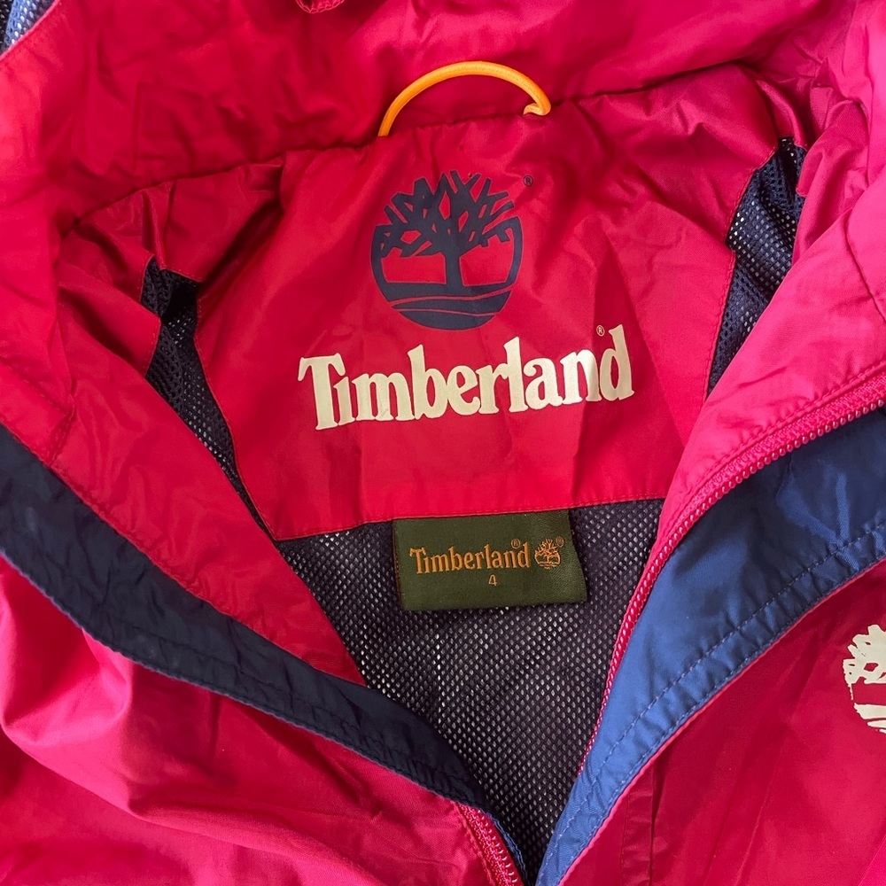 Timberland Kids Red and Navy Lightweight Removable Hood Jacket Size 4 - Picture 2 of 10